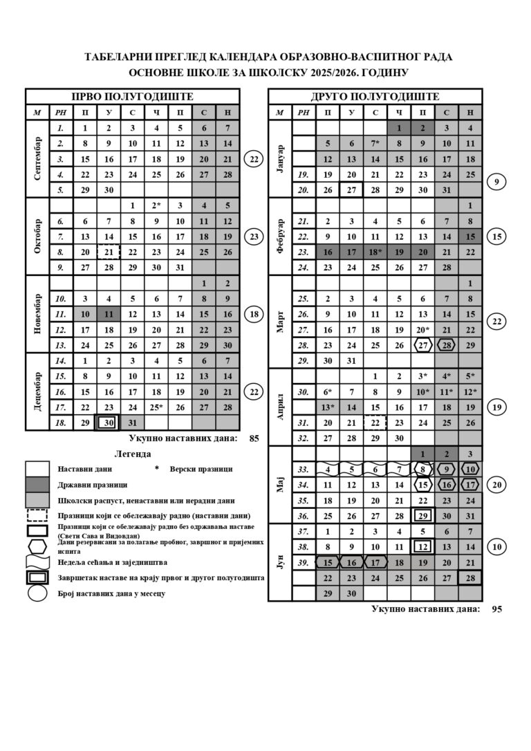 Kalendar rada za školsku 2024/25.